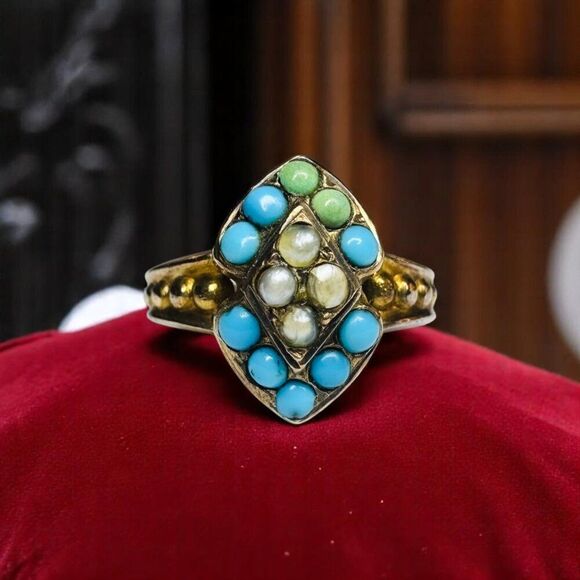 ANTIQUE- 10K Gold -Turquoise & Seed Pearl Ring -Sz 3.25- Victorian Western -1.8g - Picture 11 of 16